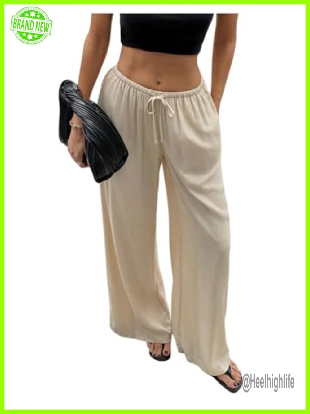 Linen Low Rise Drawstring Wide Leg Palazzo Pants Trousers - Picture 1 of 4